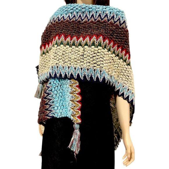 Boho Western Multicolor Cashmere Tassel Trim Knit Poncho Shawl Wrap - NEW - Picture 2 of 4